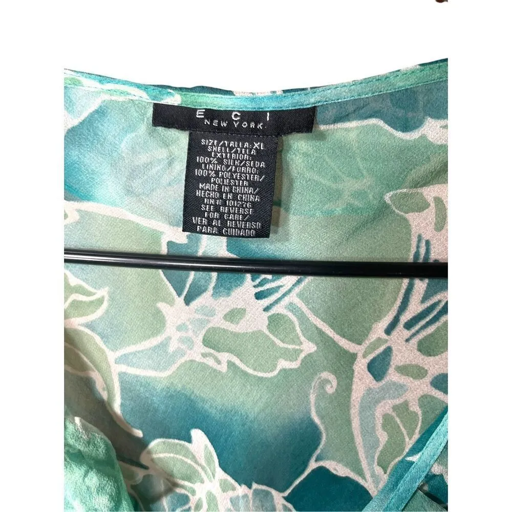 Vintage Y2K ECI New York Blue Floral Print Silk Chiffon Ruffle Collar Blouse Size - Image 7
