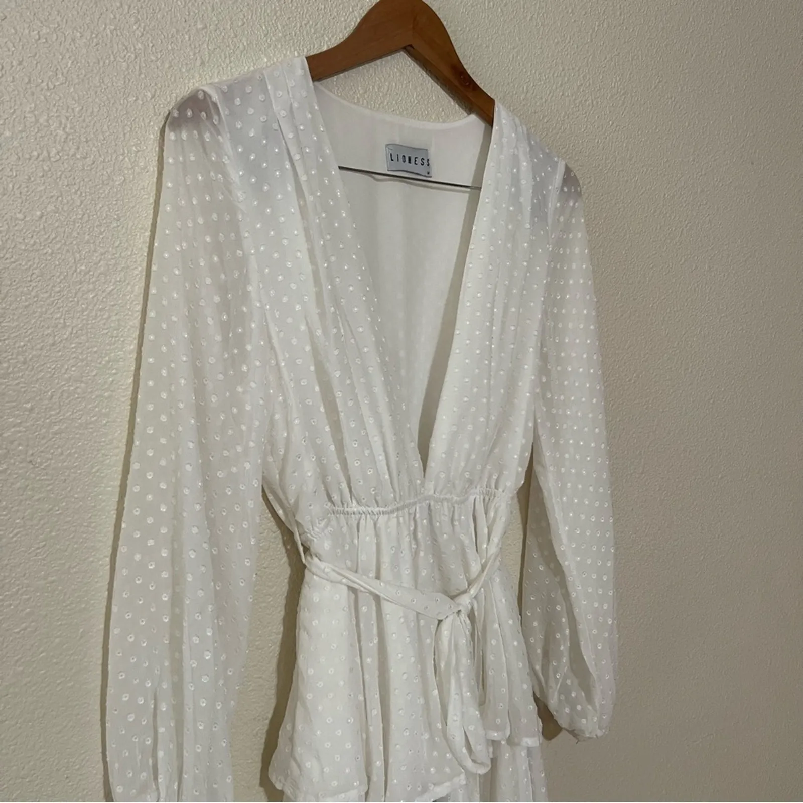 Lioness Legendary Lovers White Swiss Dot Long Sleeve Deep V Tie Waist Dress M - Image 4