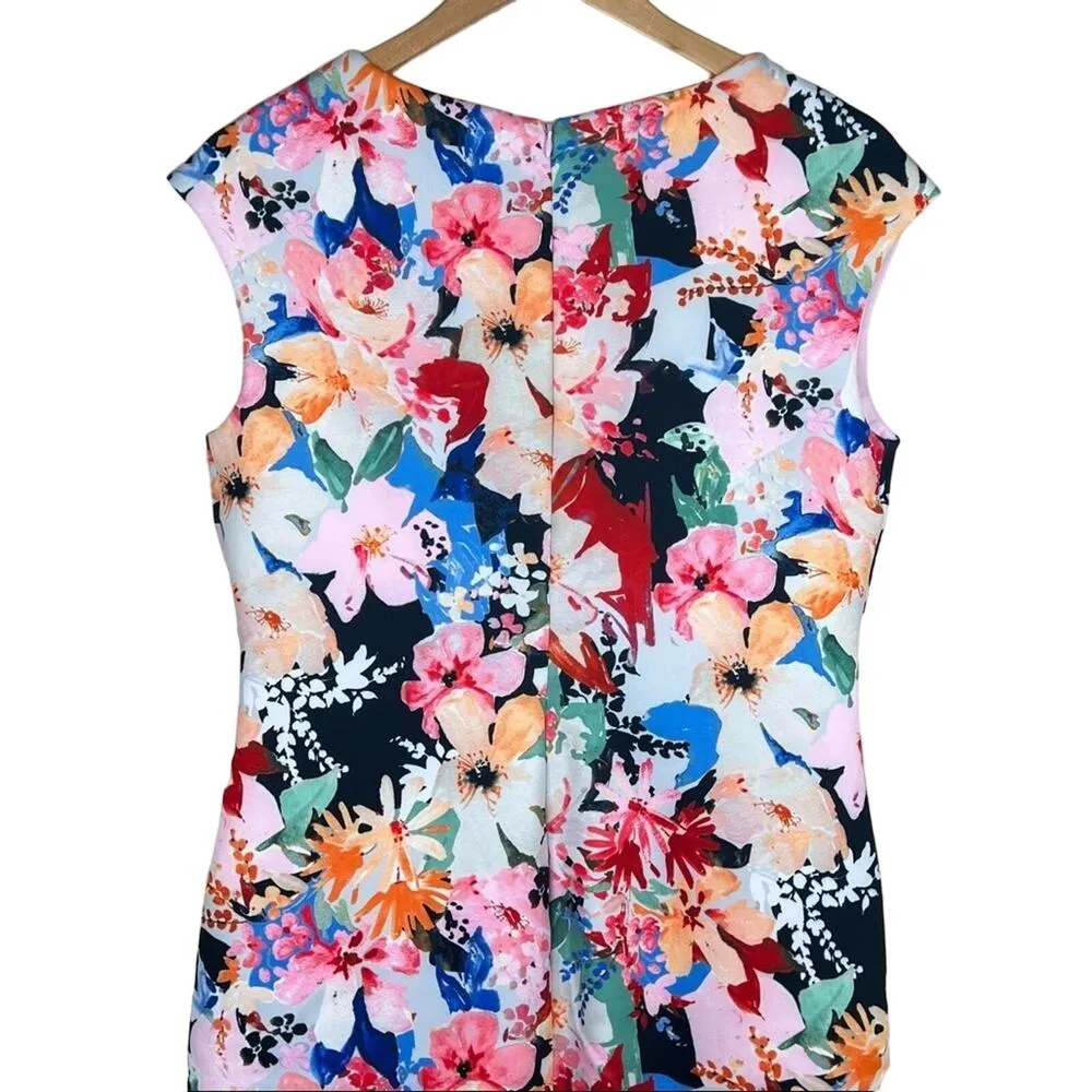Tahari pink watercolor floral scuba V neck cap sleeve midi sheath dress M NEW - Image 6