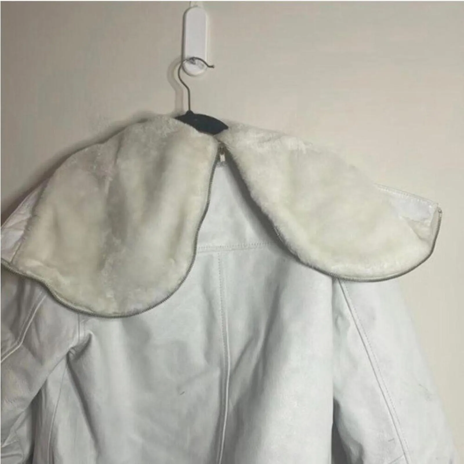 White 100% Leather Long Sleeve Bomber Jacket Faux Fur Hood Coat FLAWS Size L - Image 11