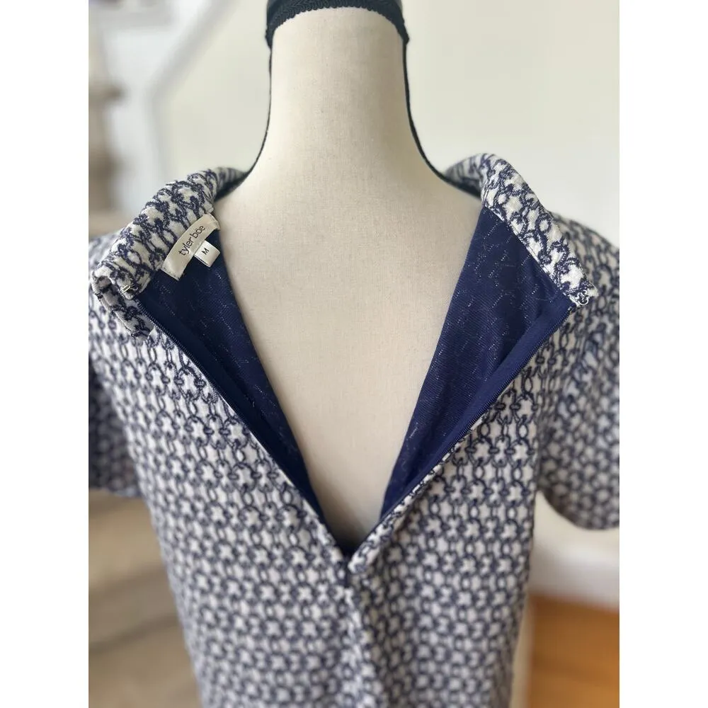 Tyler Boe Kristen Blue & White Chain Link 60s Inspired Roll Neck Shift Dress Size M - Image 7