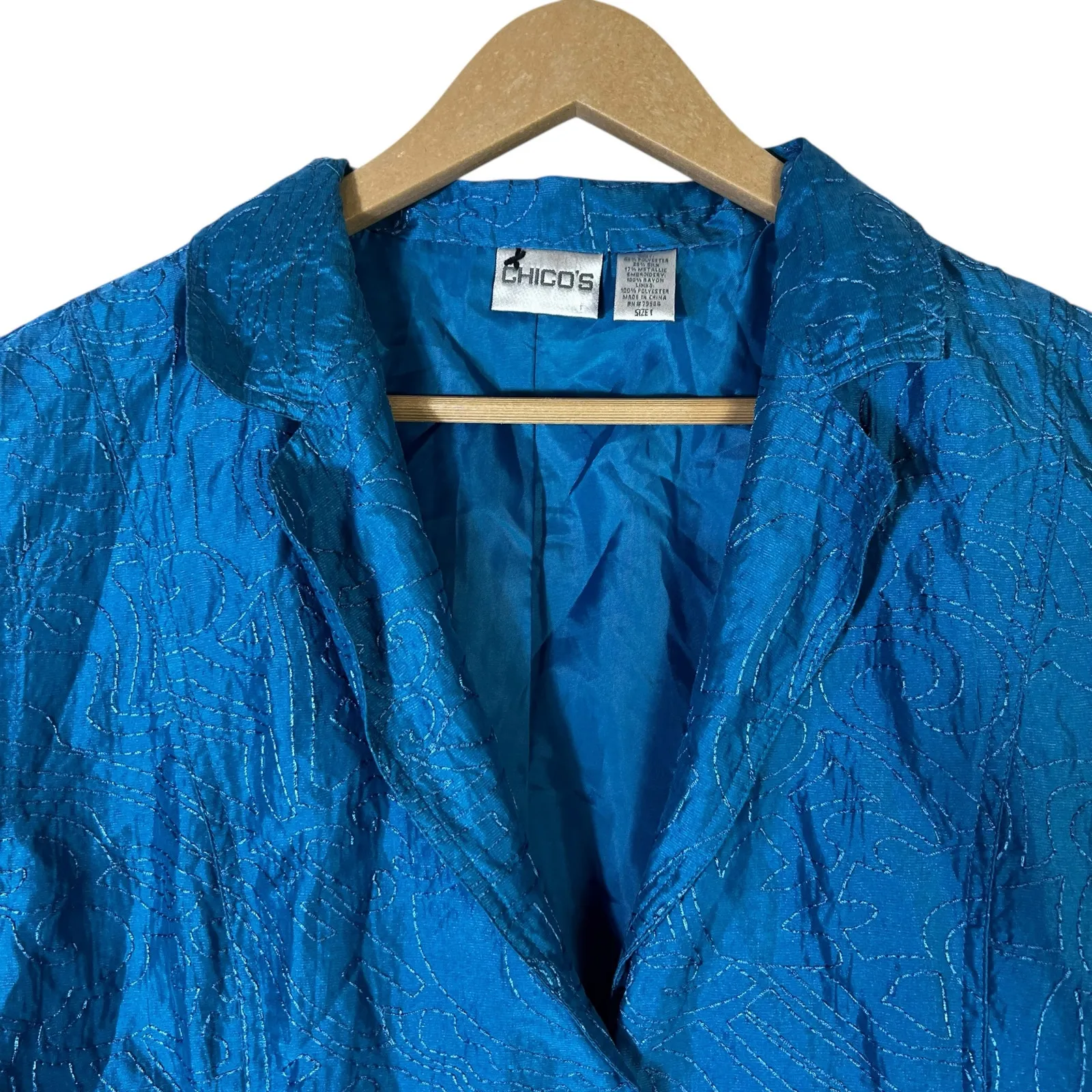 Chico's Metallic Embroidered Blazer Jacket Womens M Blue Textured Elegant Classy - Image 3