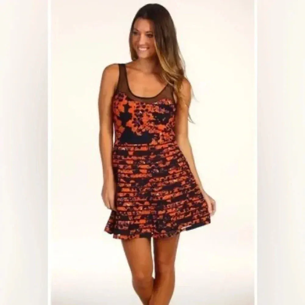 Parker Orange & Black Petal Bloom Mesh Sleeveless Fit & Flare Silk Dress Size M - Image 2