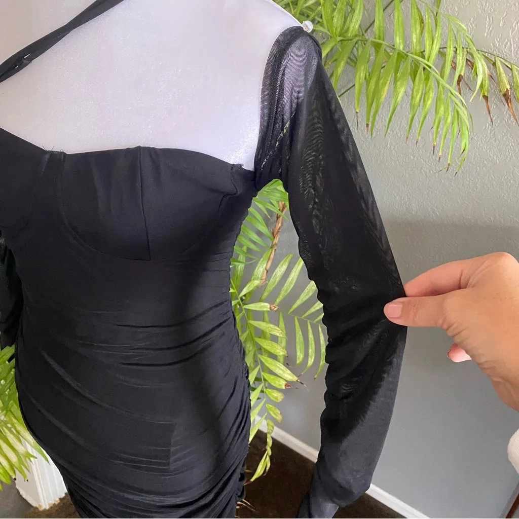 Sorelle UK Black Ruched Sheer Long Sleeve Mini Dress Slinky Bodycon HoCo M new Size M - Image 6