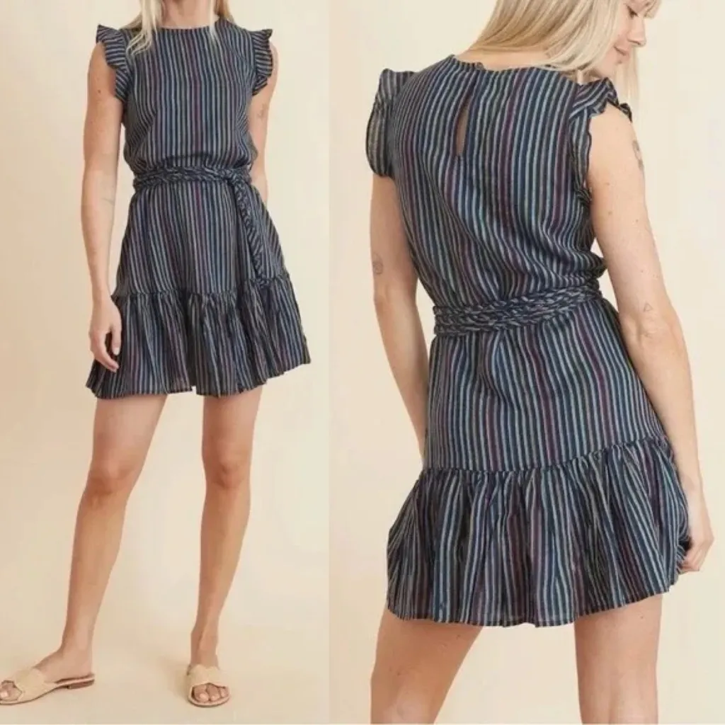 Marine Layer Dress Laney Linen Mini Navy Rainbow Stripe Size Small Braided Belt - Image 3