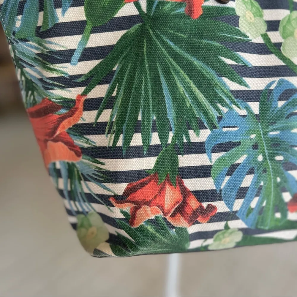 Nine West Michelina Tote Bag Tropical Floral Striped Canvas Large Beach Pool - Image 5