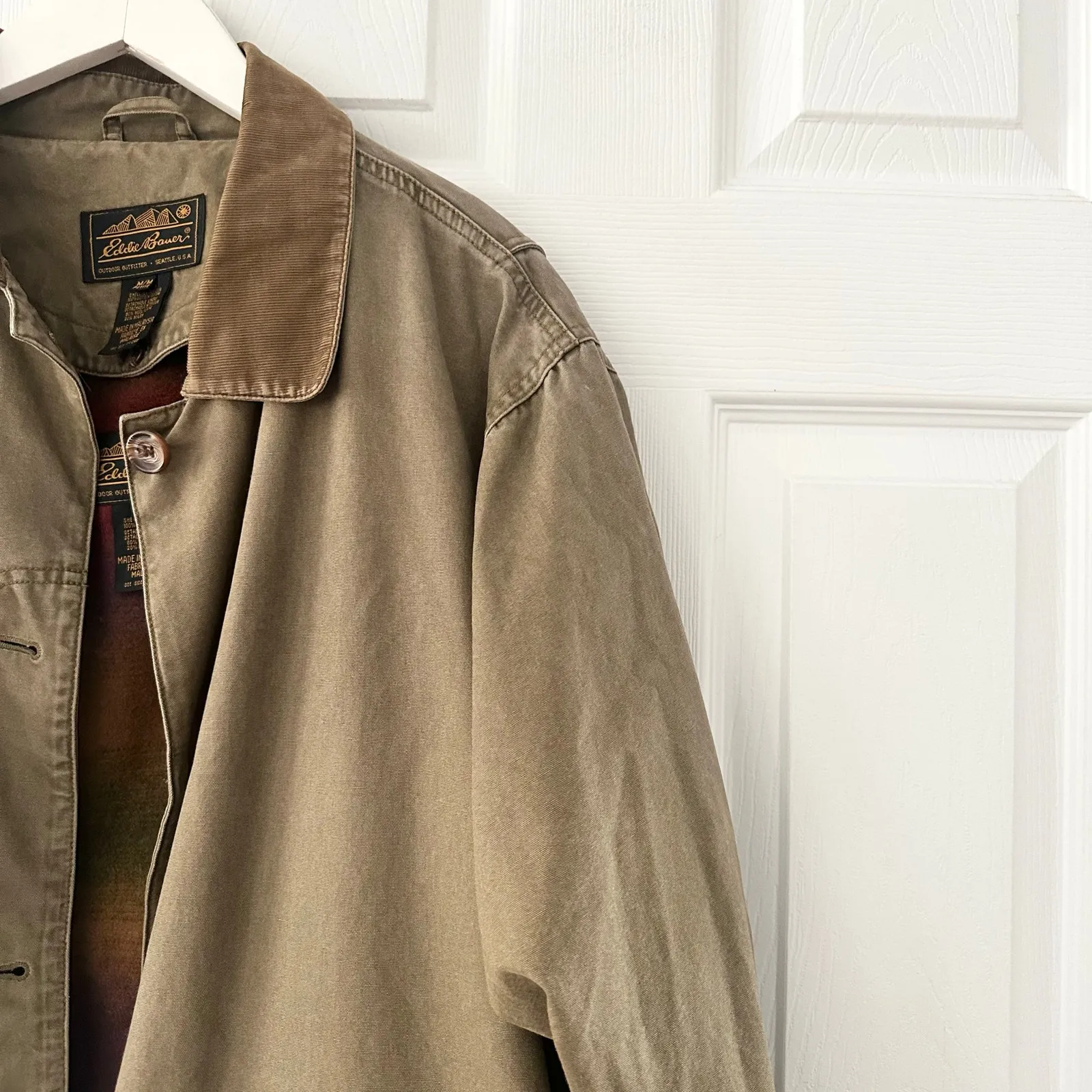 Eddie Bauer Khaki Vintage 80s Chore Jacket Tan Corduroy Collar Cuffs MP Lined - Image 6