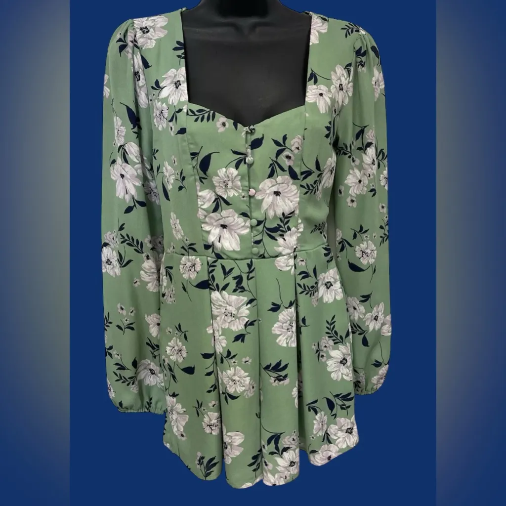 Miami Floral Print Long Sleeve Chiffon Romper Light Green Wide Leg Size XS - Image 2