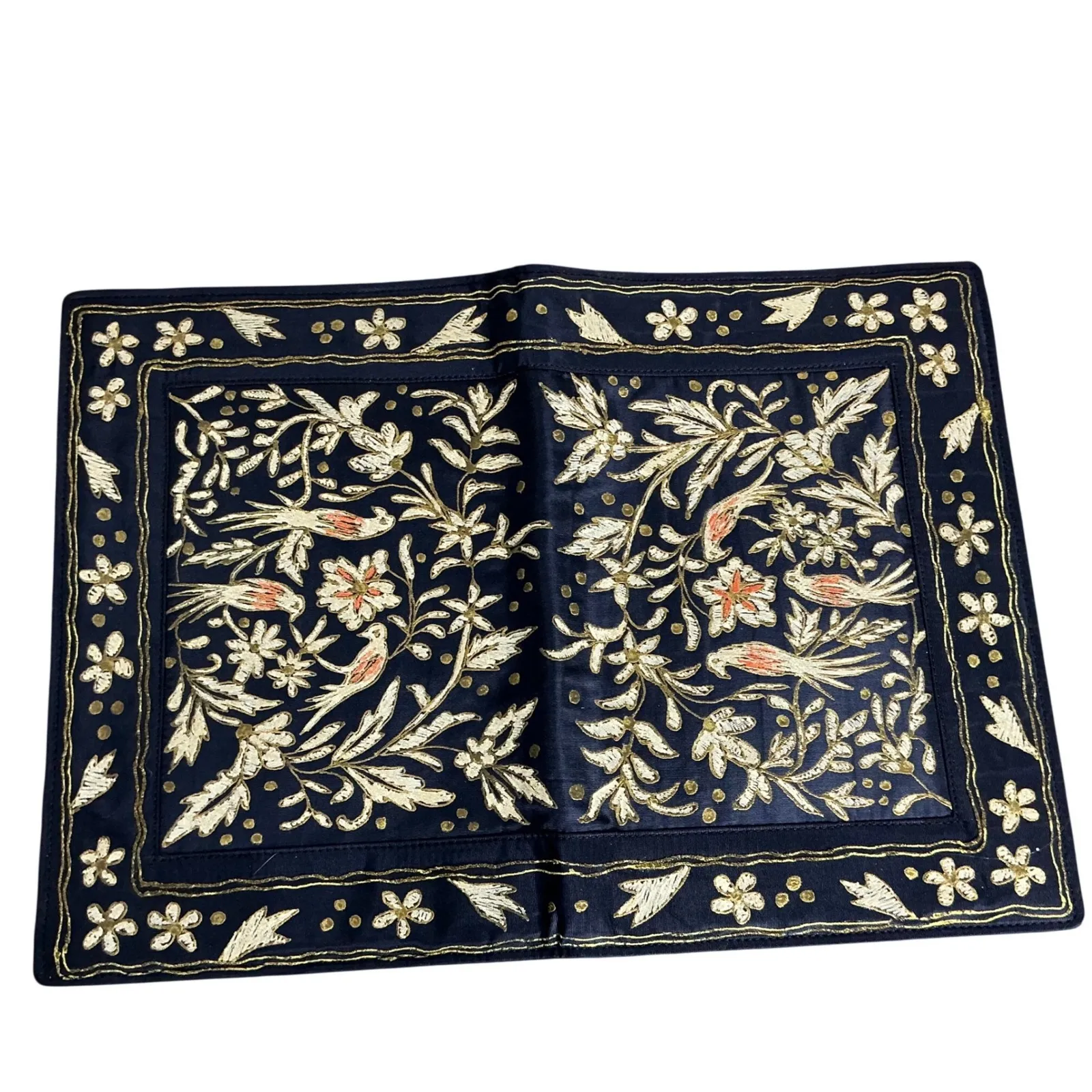 Embroidered Evening Clutch Purse Navy Blue Gold Birds Floral Evening Bag Black - Image 3