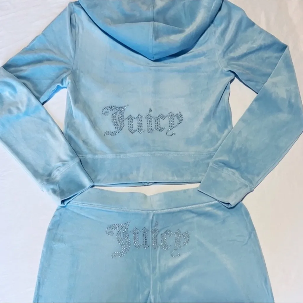 🔥JUICY COUTURE OG Bling Velour Iconic Tracksuit Hoodie Pants Frosted Baby Blue L - Image 4