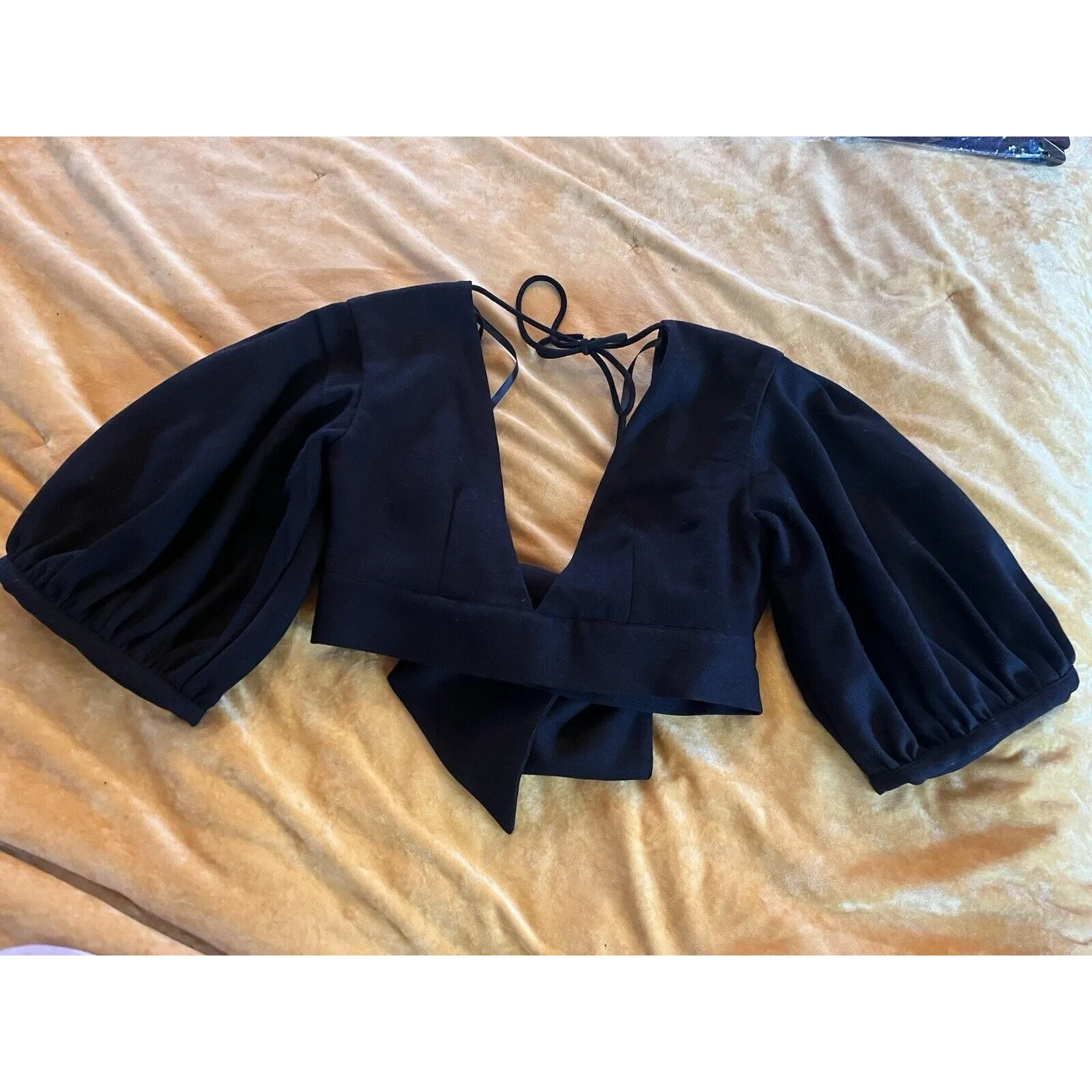 Edit Women’s Blouse Balloon Sleeve Black Size Medium Cropped Designer Open Back - Image 7