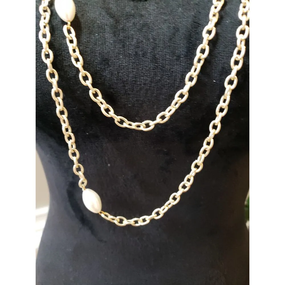 Women Gold Pearl Beaded Chain Necklace Long Layered Elegant Fashion Jewelry - Image 4
