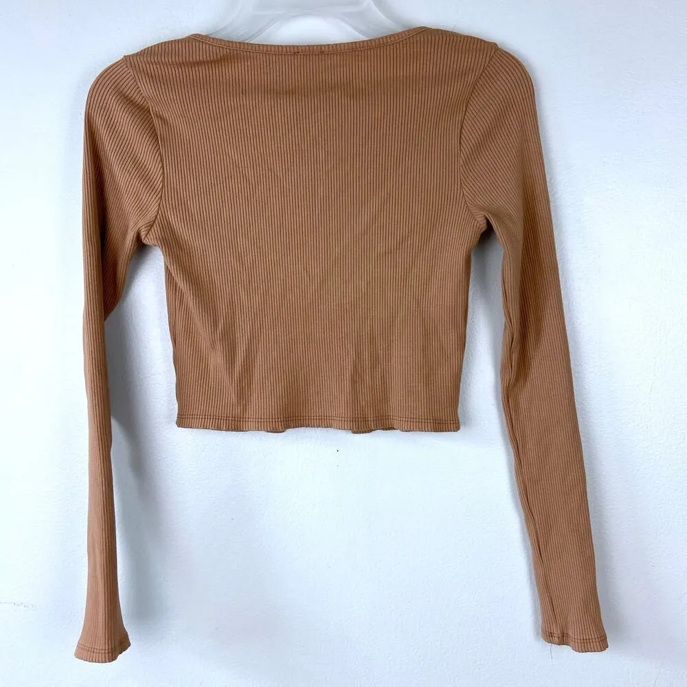 LA Luxe Brown Cardigan Pullover Front Top Connected Ribbed Long Sleeve Crop Size XS - Image 5