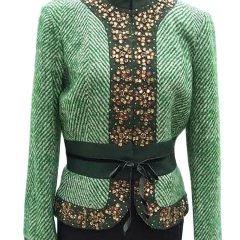 Cache Green Plaid Elaborate Embellished Top Jacket Lined Velvet Trim NWT $238 - Image 4