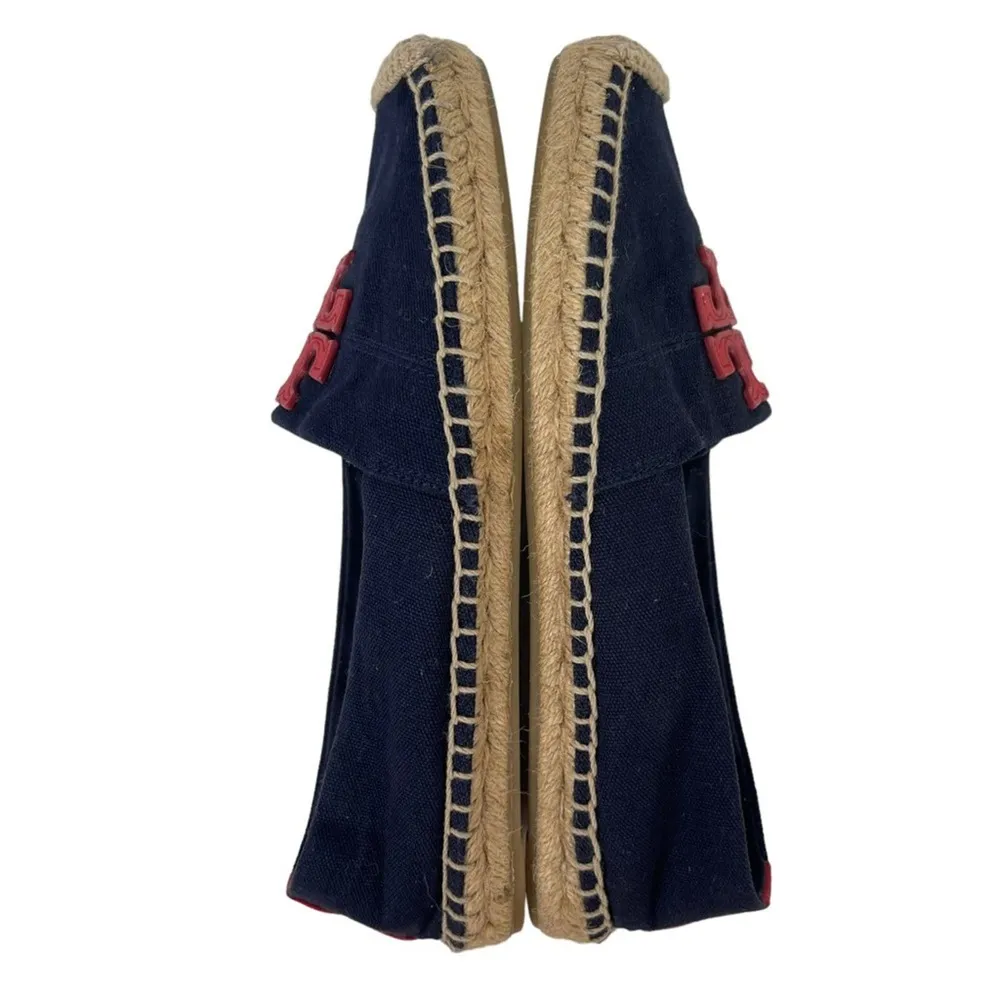 TORY BURCH Weston Navy Red Canvas Slip On Flat Espadrille Sandals Size 8M - Image 9