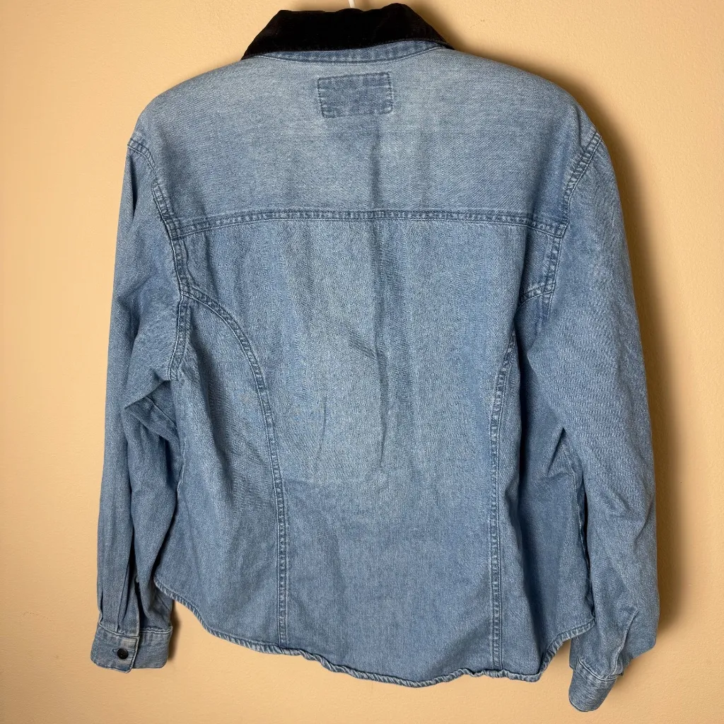 Vintage Tantrum Blues Denim Shirt Velvet Collar Womens Large 90s Embroidered Top Blue - Image 3