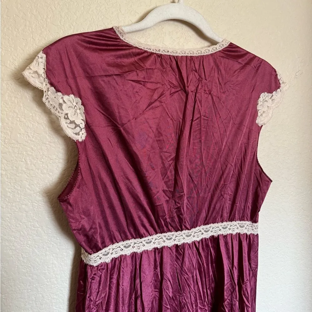 Vintage Keyhole Nylon Slip Dress Lace Details Sz Medium Cap Sleeves Burgundy Red - Image 5