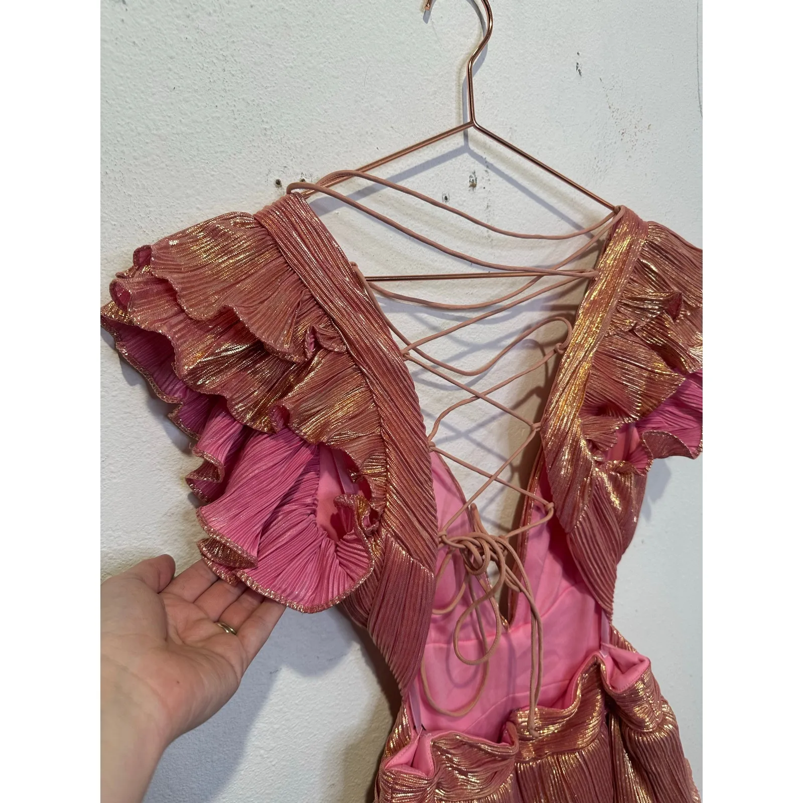 MAC DUGGAL Coral Pink Gold Ruffle Tiered Criss Cross Lace Up Back Gown Dress 2 - Image 16