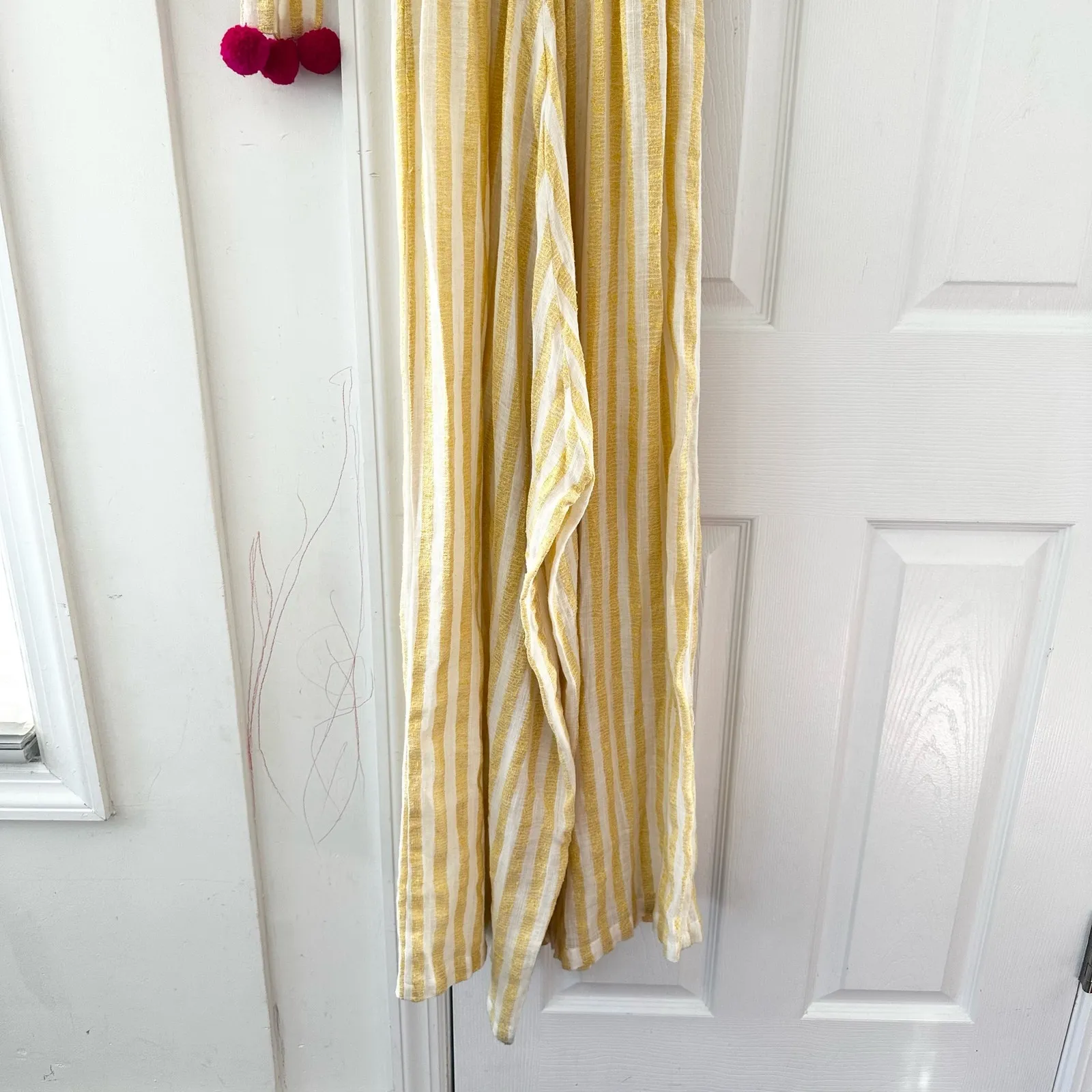 Sundress Pippa Yellow White Striped Tie Strap Pink Pom Poms Jumpsuit XS/Small Size undefined - Image 5