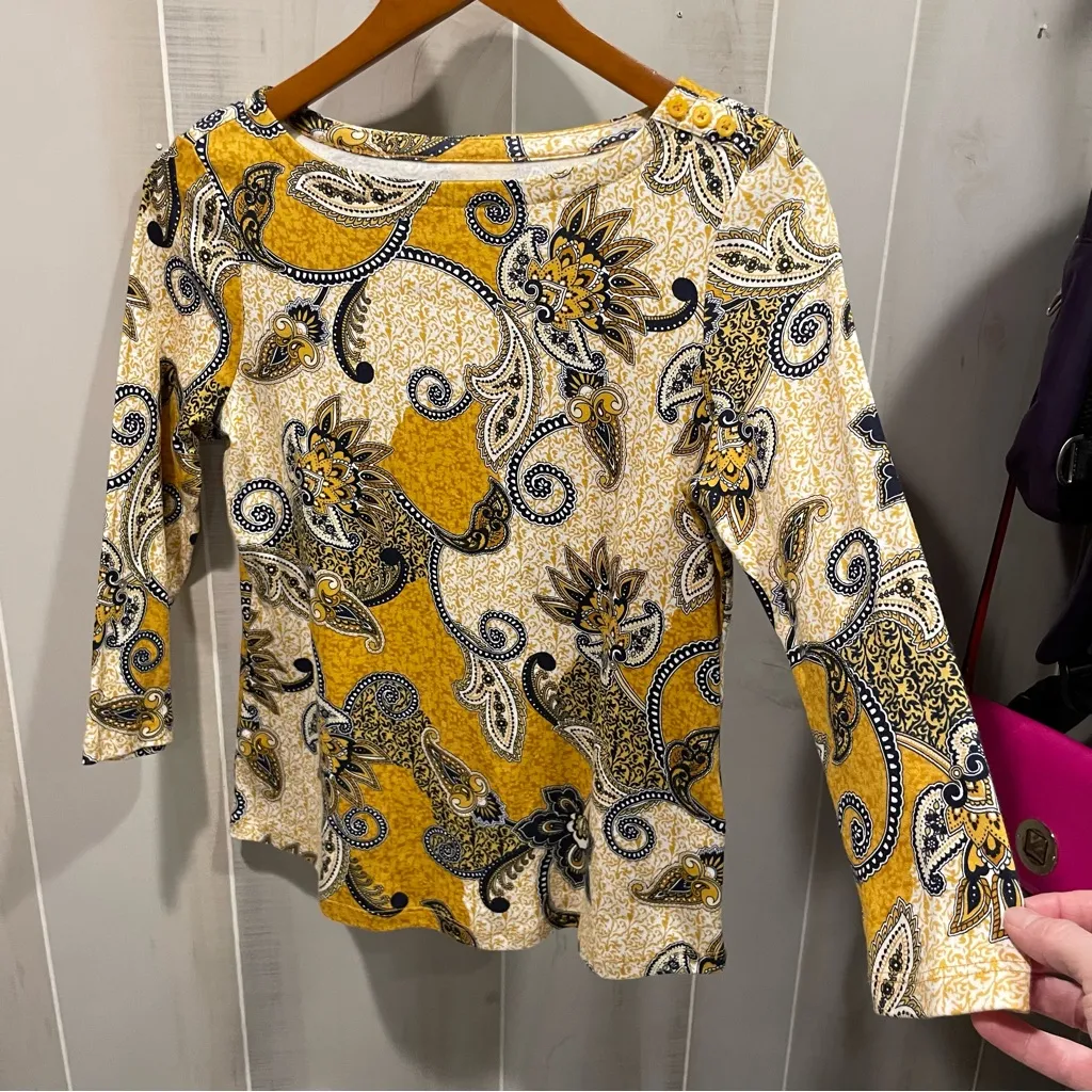 Cute soft pima cotton mustard seed paisley floral 3/4 sleeve boat neck top - Image 9