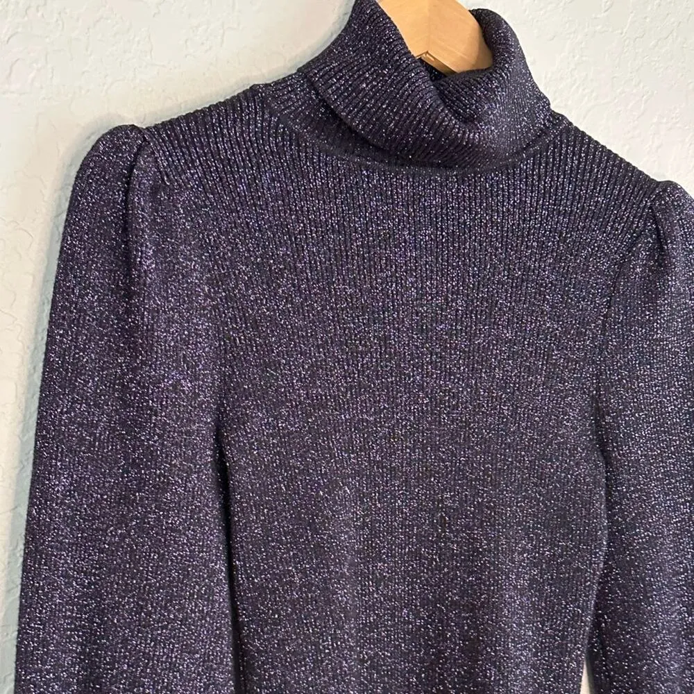 Ann Taylor Purple Sweater Metallic Puff Sleeve Turtleneck Fall Holiday Sparkle - Image 2