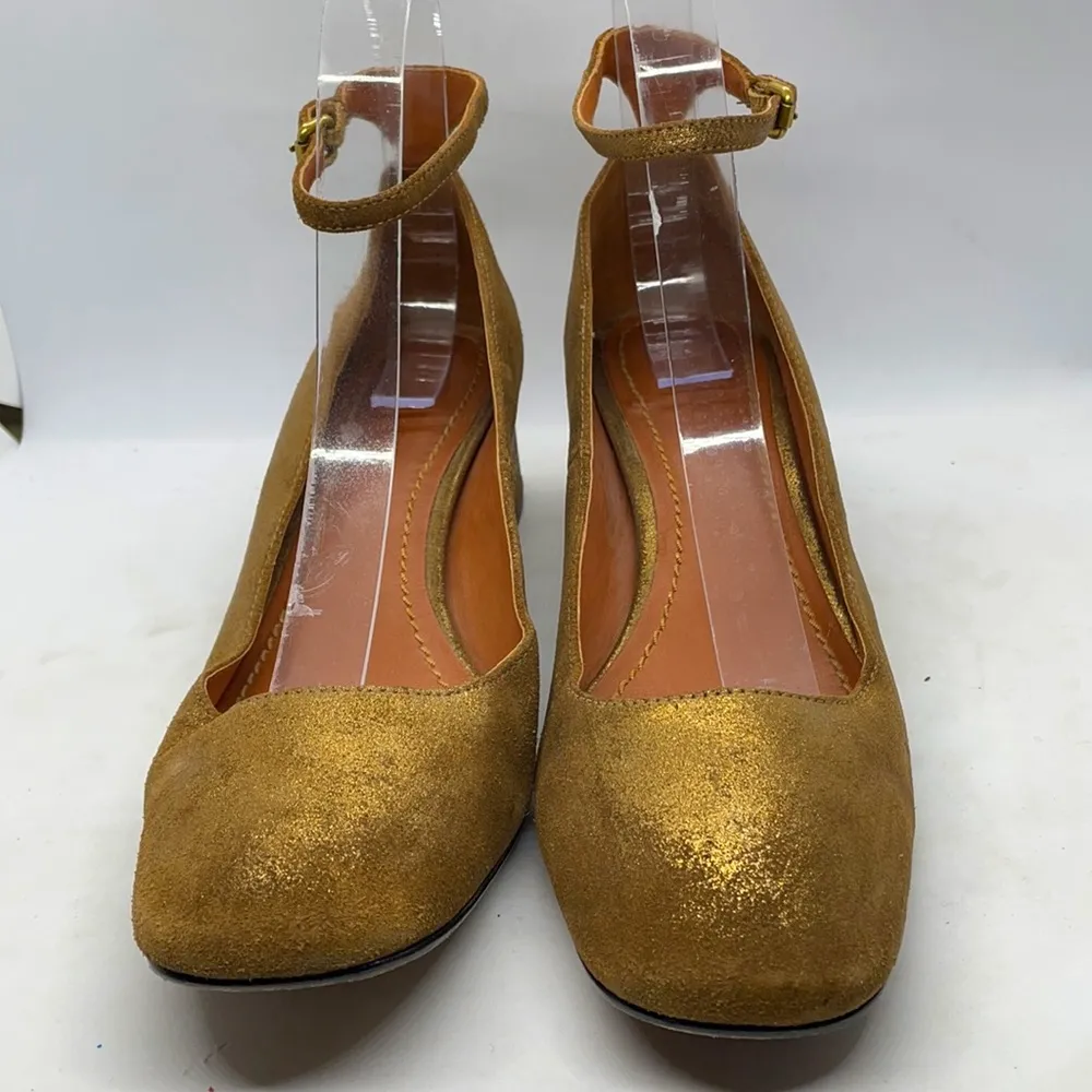 Gold Suede Kitten Heels Ankle Straps 8.5 - Image 2