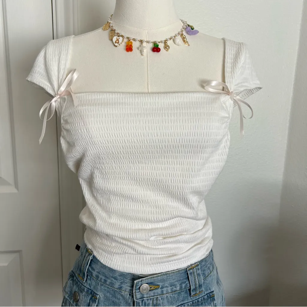 Urban Outfitters white cap sleeve pink bow detail top - Image 5