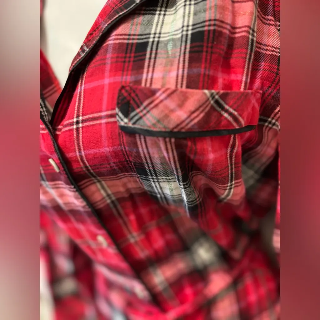 Victoria’s Secret Plaid Flannel Romper Sleepwear M Red Belted Button Up Preppy - Image 7