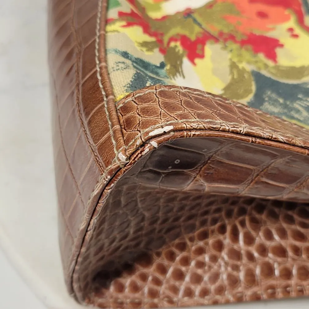 Liz Claiborne Satchel Bag Med Floral Cotton Faux Leather Embossed Alligator - Image 12