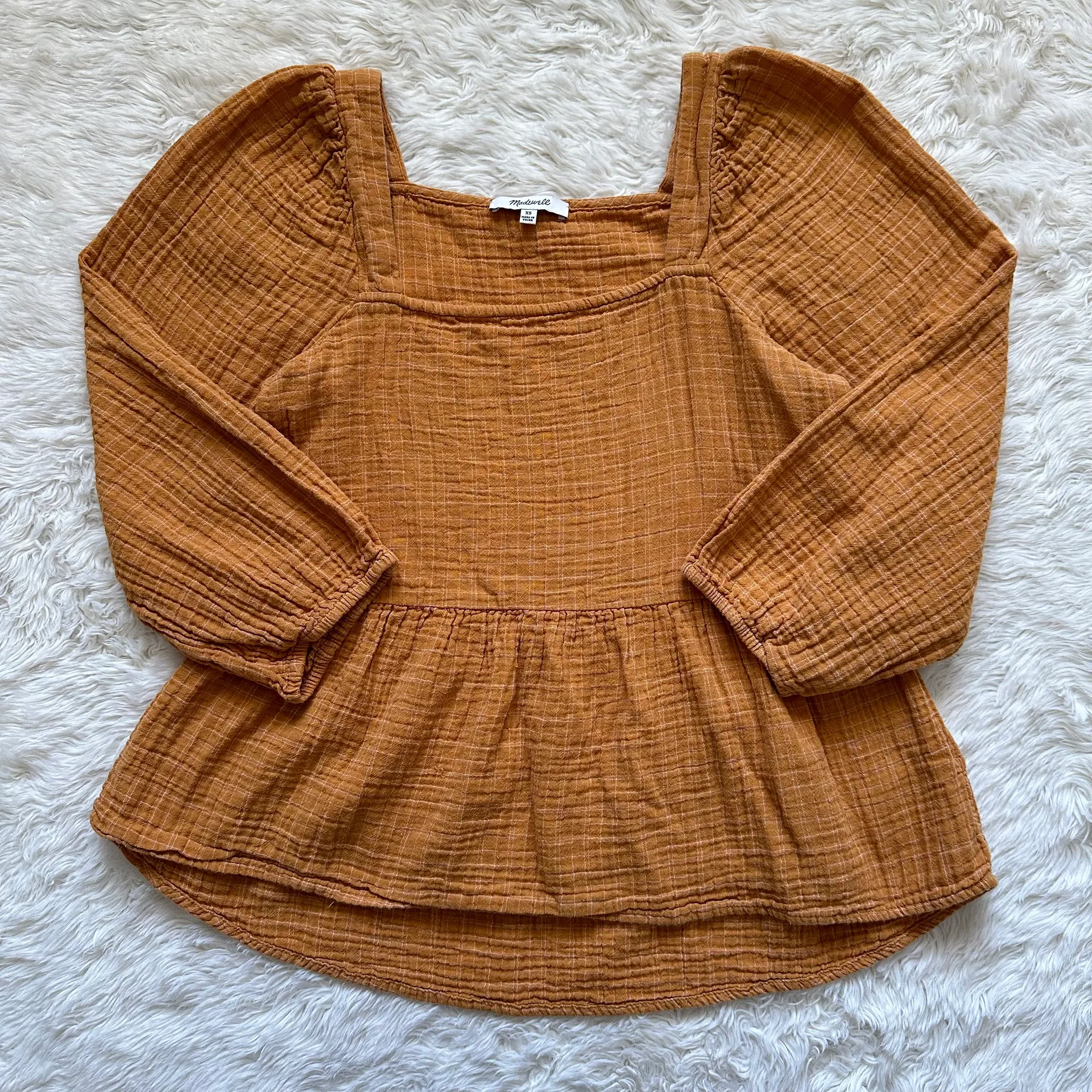 Blouse Lightspun Millbrook Puff-Sleeve Peplum Top in Windowpane XS - Image 3