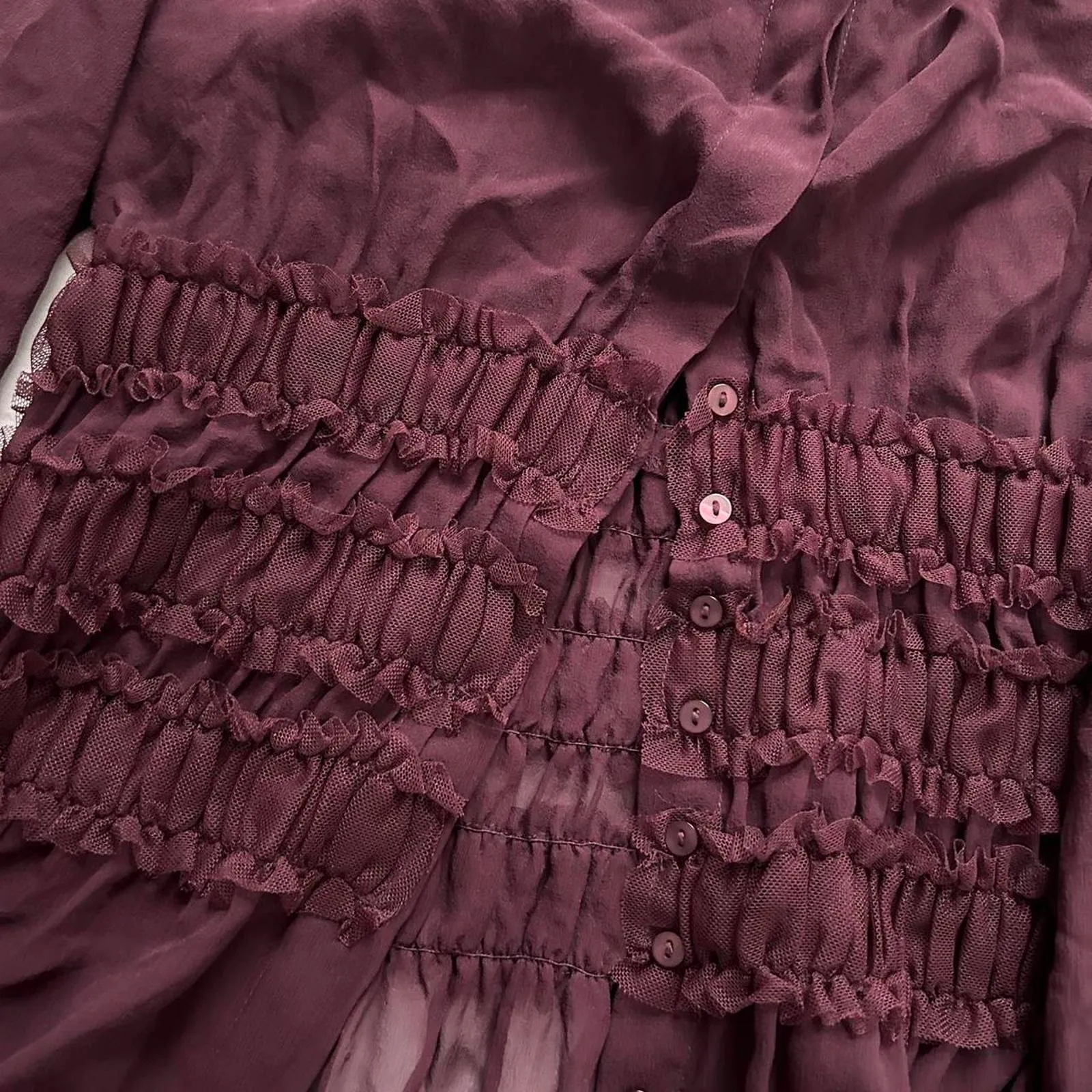 Moda international sheer silk Burgundy Y2K ruffle waist blouse long sleeves Red Size XS - Image 4