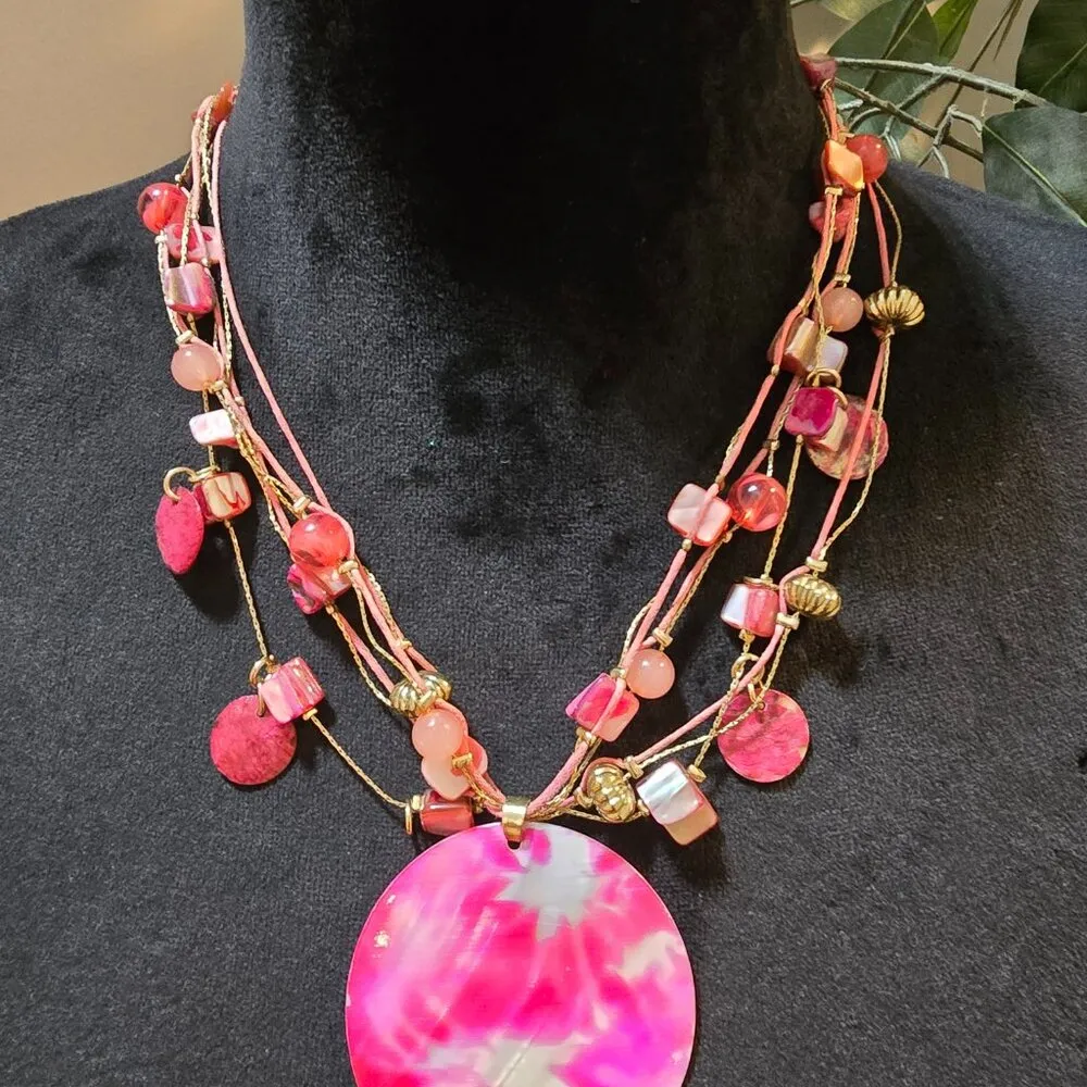 Vintage Womens Jewelry Necklace Bright Pink Beads Multi Strand w/ Lobster Clasp - Image 2