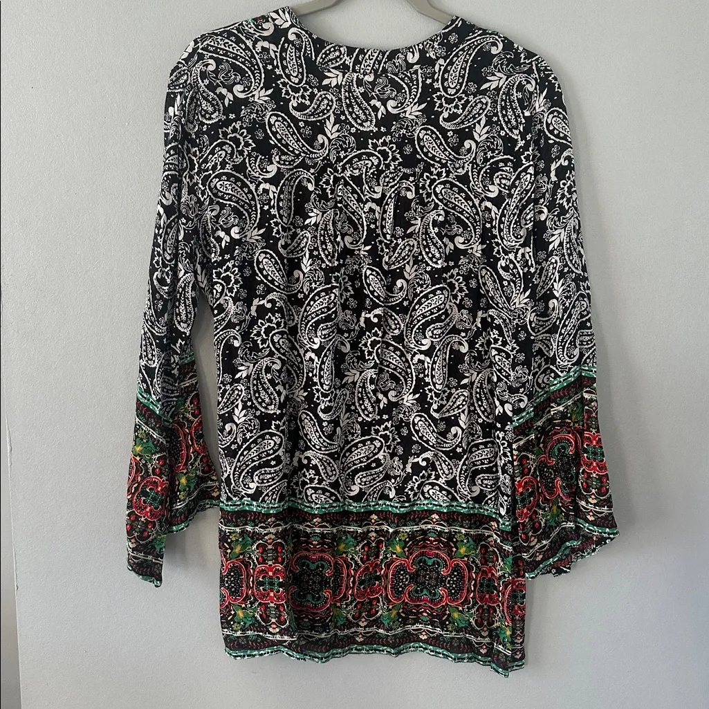 En‎ Crème Black Multicolor Paisley Boho Peasant Tunic Top - Image 4