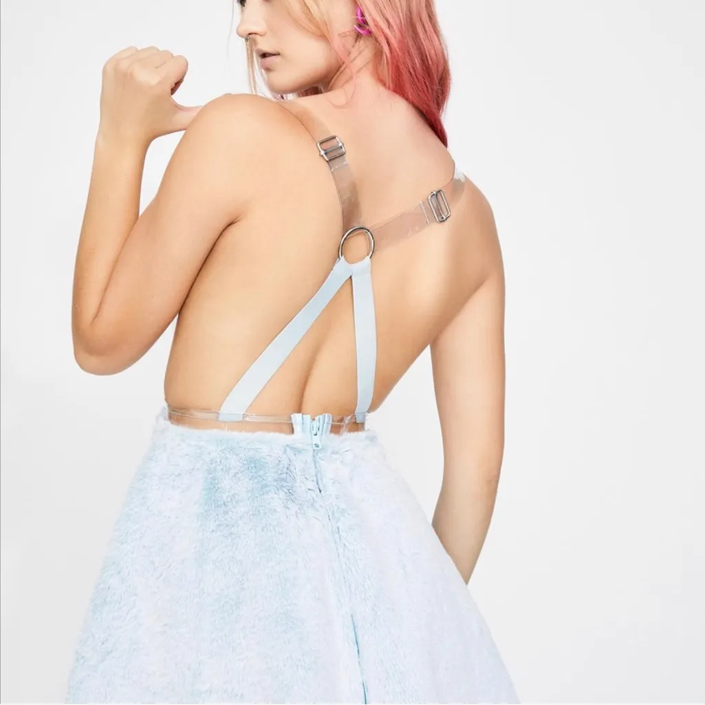 NWT Dolls Kill Dress Clear Studded Blue Faux Fur Mini Club Goth Sexy Halloween - Image 3