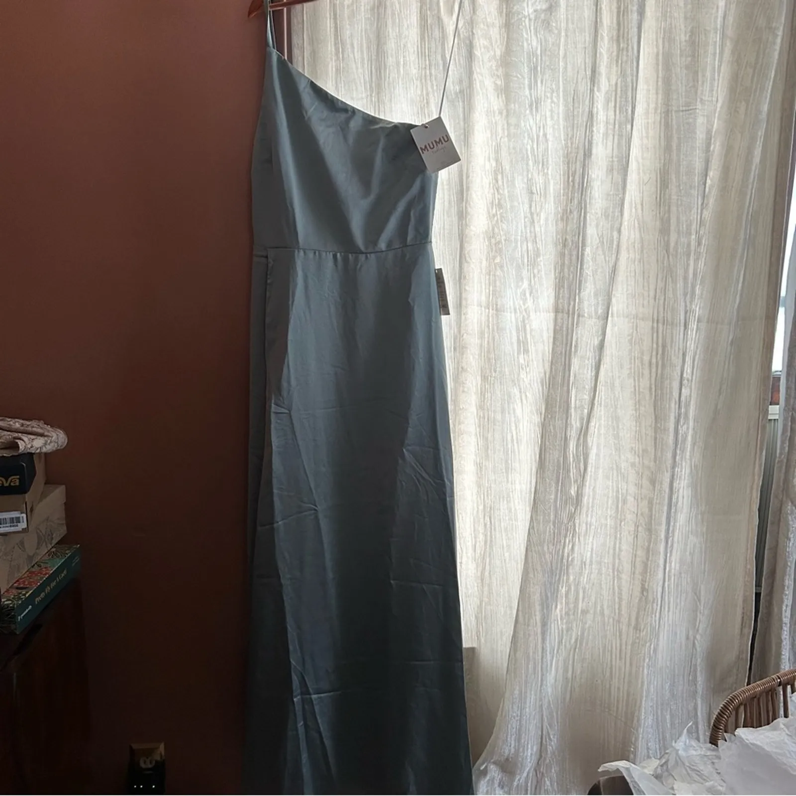 Show Me Your Mumu Shannon One Shoulder Dress‎ Maxi Silver Sage Luxe Satin NWT L - Image 3