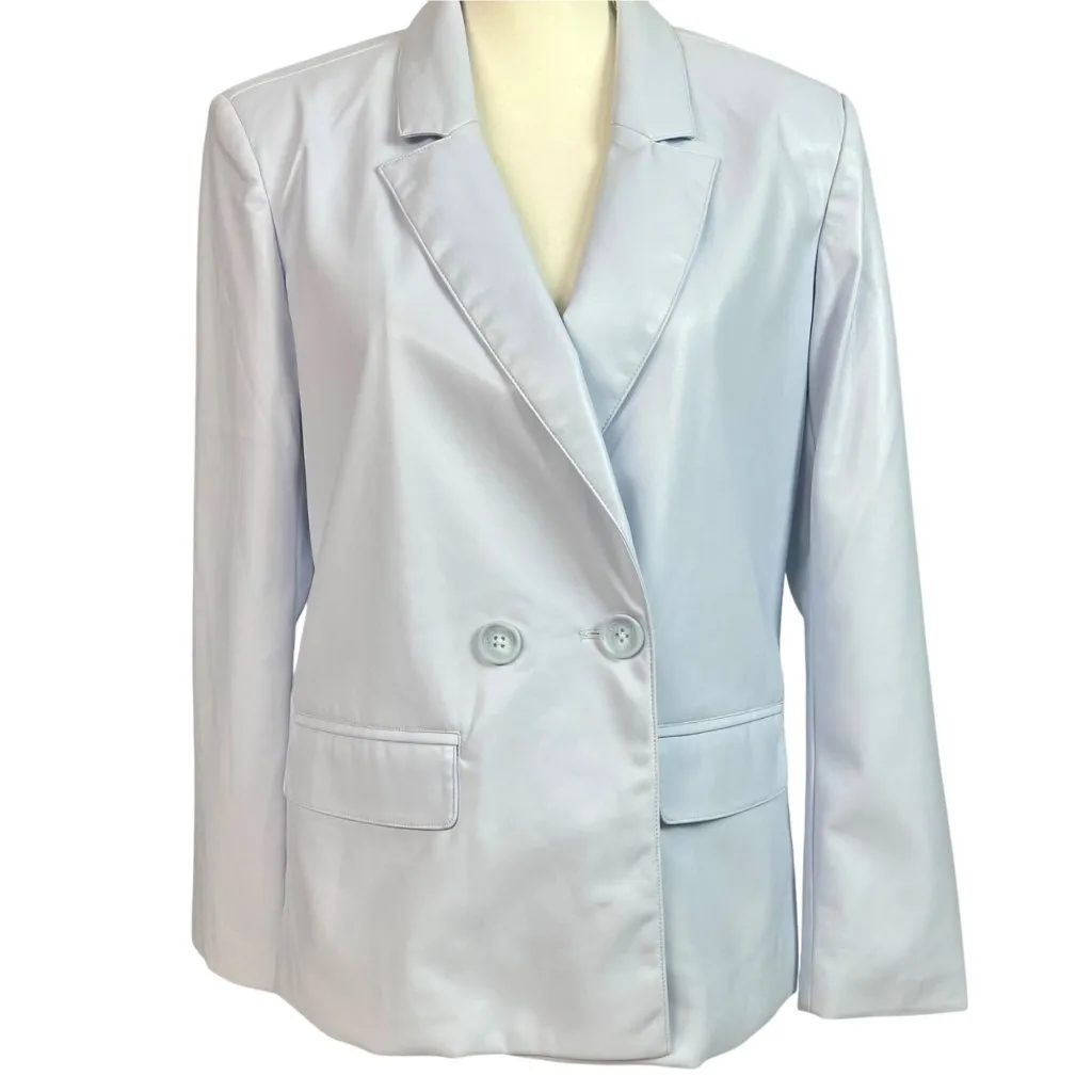 DKNY Double-Breasted Oversized Blue Artic Ice Faux Leather Blazer XS Boyfriend - Image 2