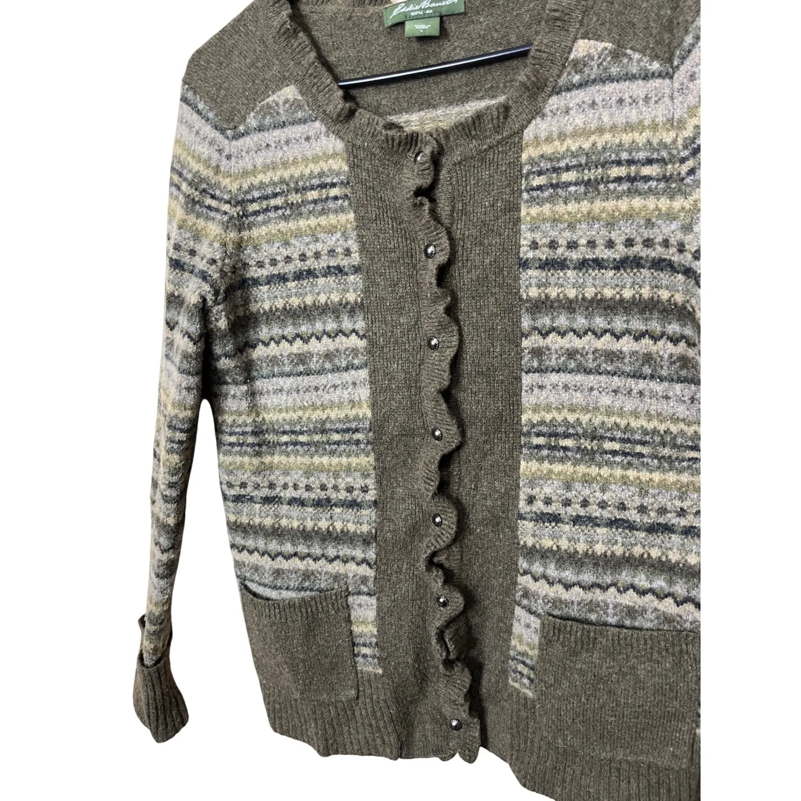 Eddie Bauer Lambswool Blend‎ Cardigan Sweater Olive Green L - Image 3