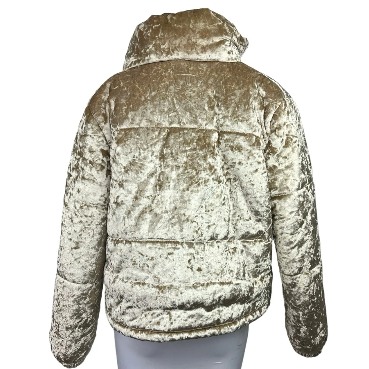 Boohoo Gold Metallic Velour Velvet Zip Up Collar Outdoor Puffer Jacket Coat 4 - Image 2