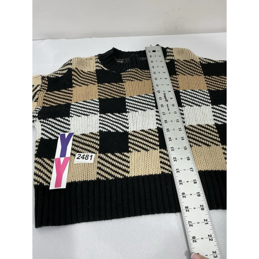 Womans Forever 21 Contempory M Black Tan White Checked Pullover Crop Sweater - Image 6