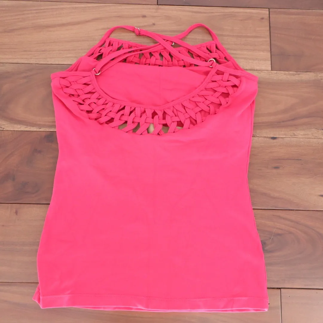 Equilibrium Hot Pink Athletic Tank Top Bra Macrame Neckline Embroidered Logo M Size M - Image 5