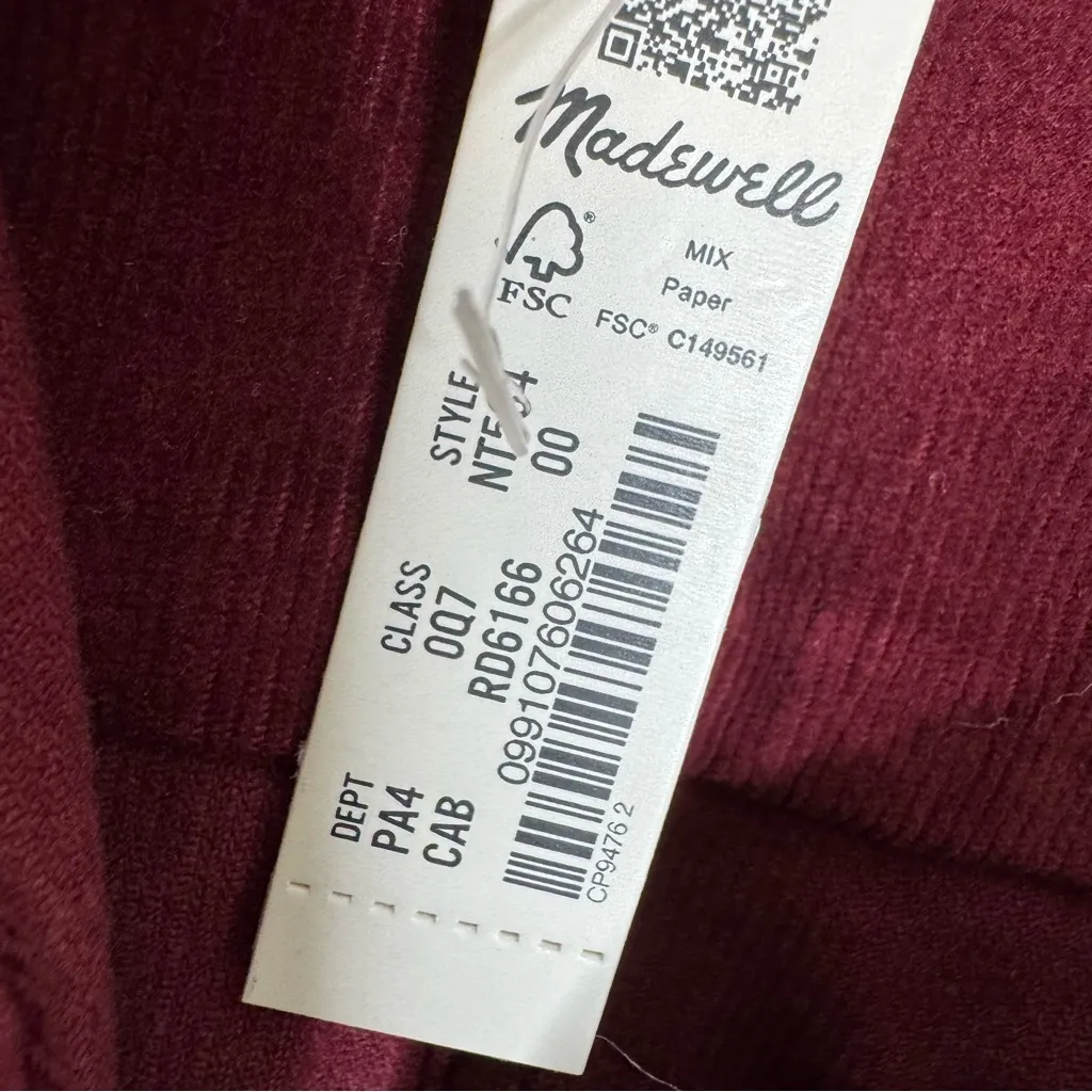 NWT Madewell Corduroy Long Sleeve Seamed Mini Shirt Dress Cabernet Size 00 - Image 10