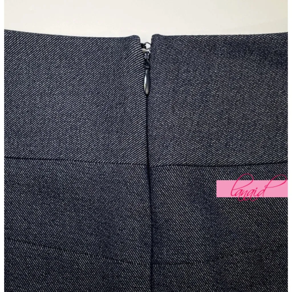 Express Blue Button-Up Back Slit Denim Jean-Like Seamed Pencil Skirt Career 0 - Image 4