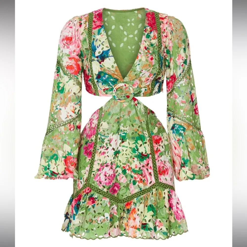 RTR SZ S 4 Hemant & Nandita short green eyelet crochet cutout dress floral mini Orange - Image 2