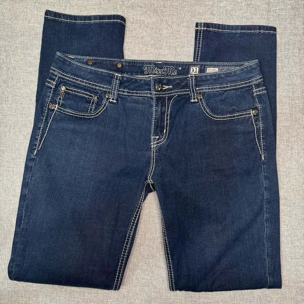 Miss Me Easy Skinny Jean Fleur De Lis Dark Wash Jeans Rhinestone Bling Size 31 - Image 4