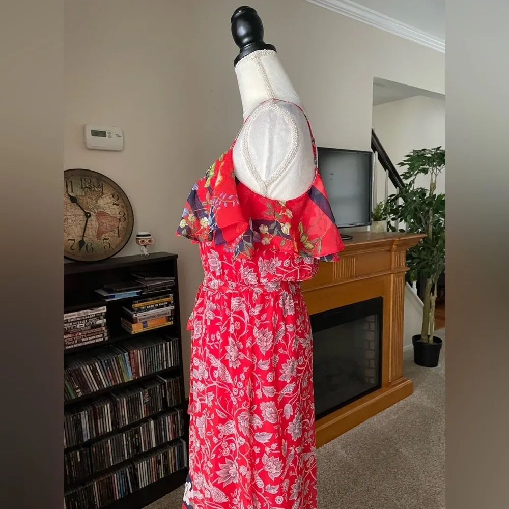 Anthropologi Boho Chic Floral Print Maxi Dress Red Black Spaghetti Strap XS - Image 5