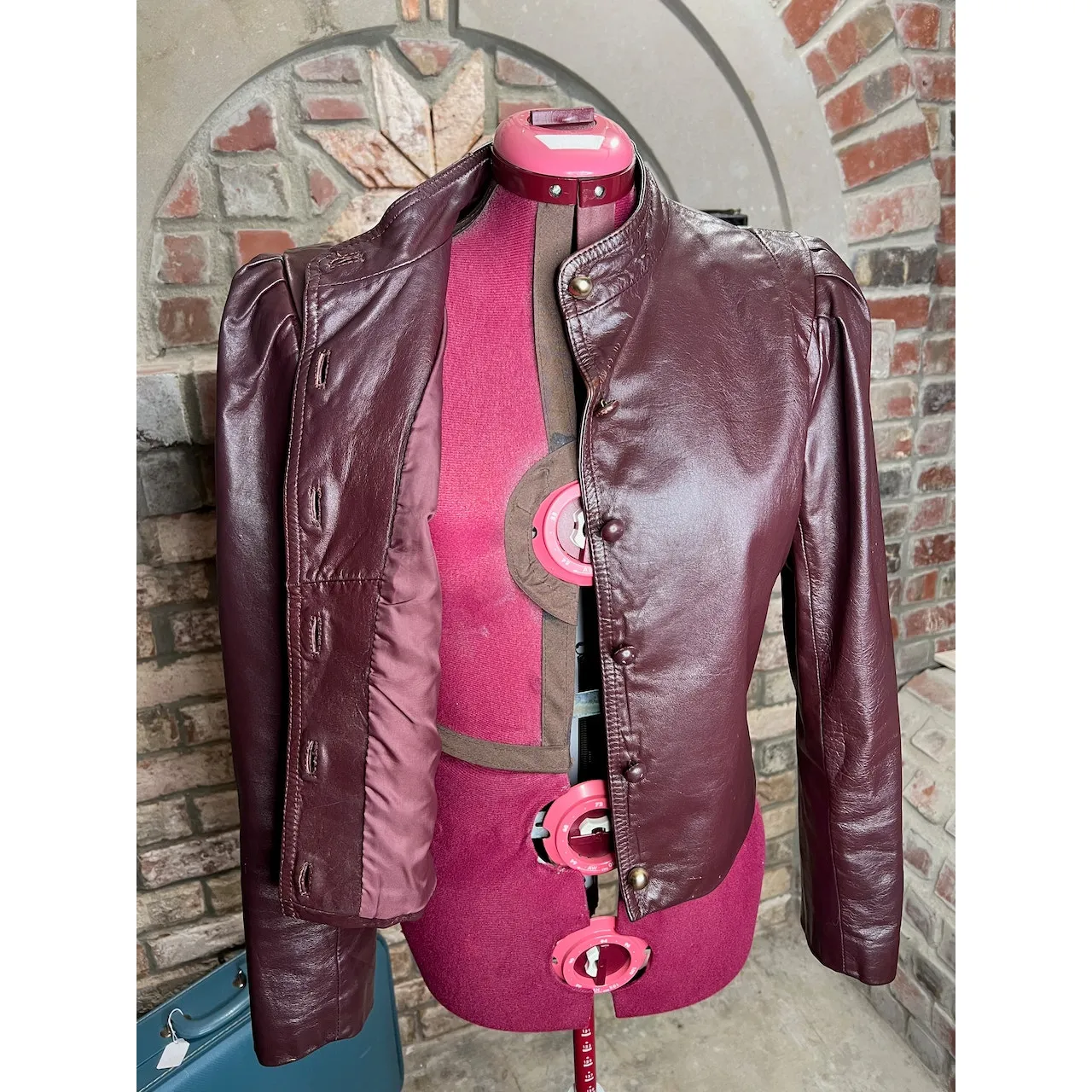 leather Jacket OXBLOOD red burgundy wine cropped puff sleeves - Image 12