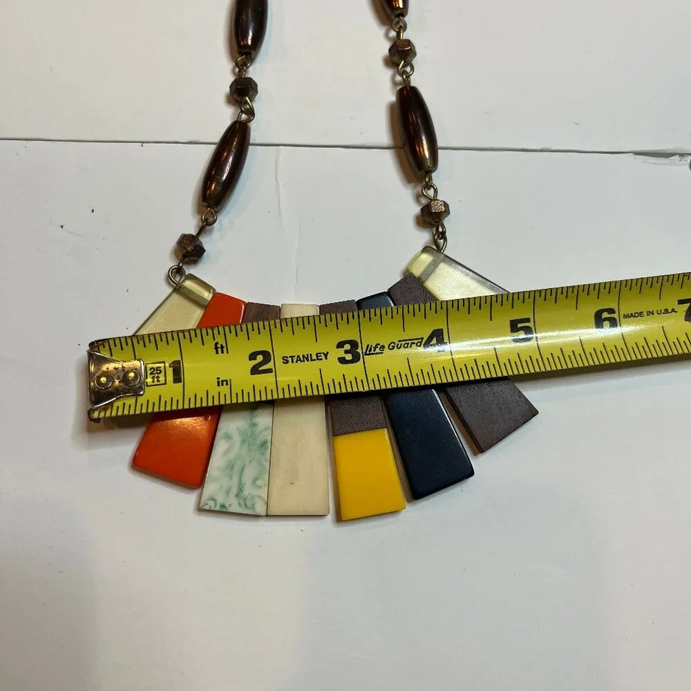 1970s Wood Lucite Metal VTG Necklace Aztec Art Deco Statement Unique Modernism Orange - Image 4