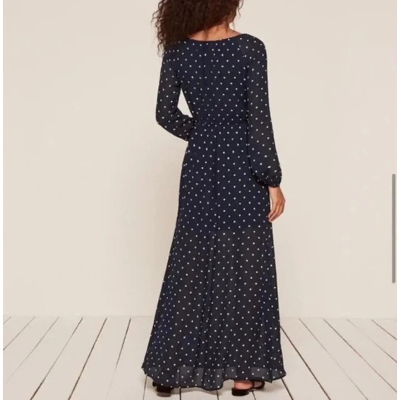 Reformation Augusta Dress Long Sleeve Side Slit in Punto Navy Polka Dot‎ Size XS Blue - Image 3