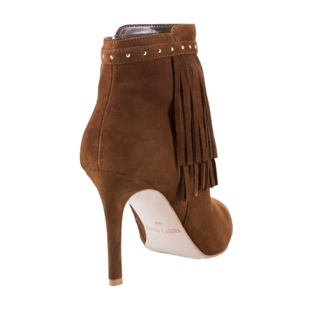 White House Black Market WHBM ᯾ Suede Fringed Heeled Ankle Boots ᯾ Cognac 9.5M - Image 2