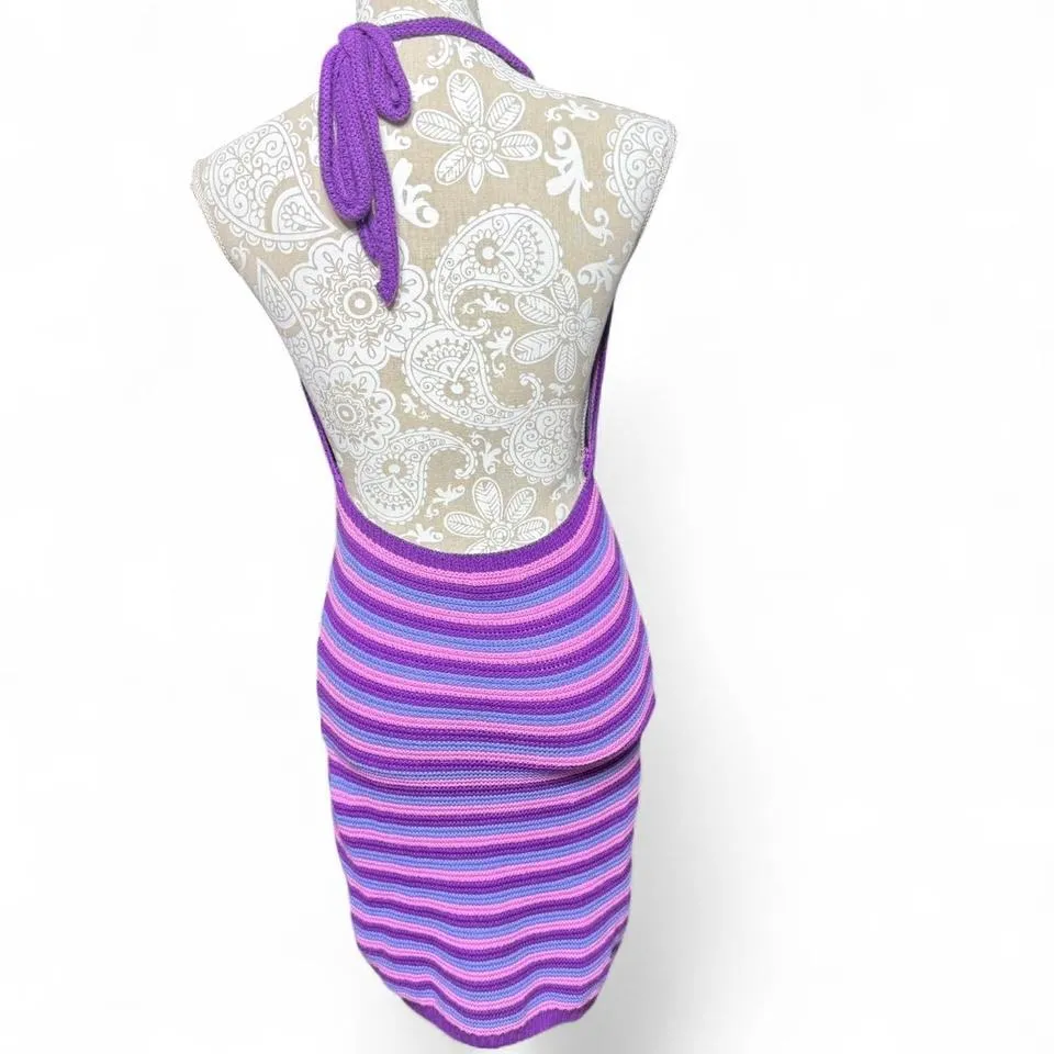 Striped Purple and Pink Wild Fable Halter Crochet Dress Knit - Image 3